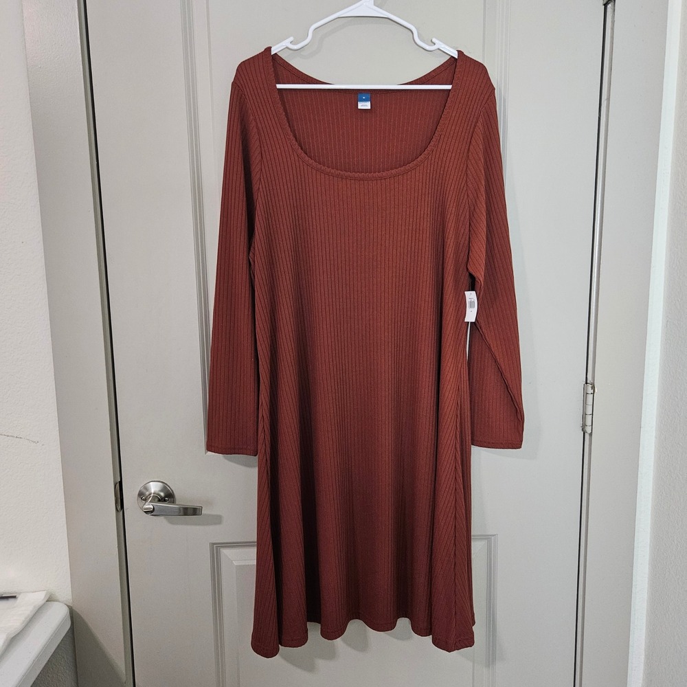Old Navy Womens 2X Rib-Knit Long Sleeve Swing Dress Rust Brown NEW NWT